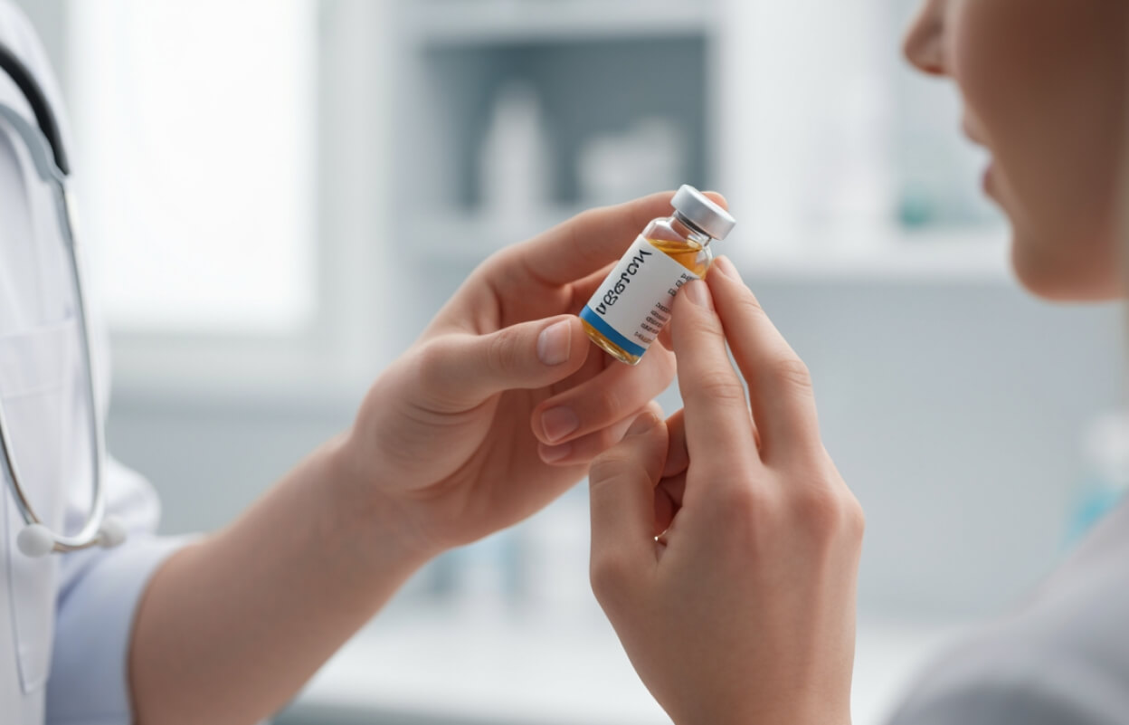 Ветеринар держит вакцину, показывает владельцу