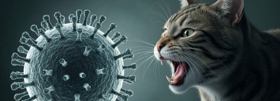 крупный план – кот шипит на огромную вирусную частицу Lyssavirus