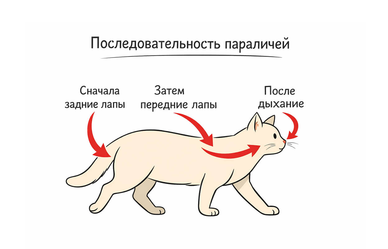 Стрелки на схематичном изображении кошки : «Последовательность параличей» задние лапы → передние → дыхание.